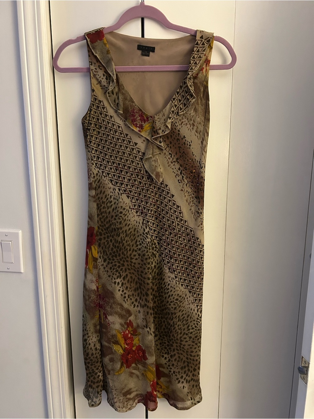 Lepis Silk embroidered brown and tan patterned dress. Size S
